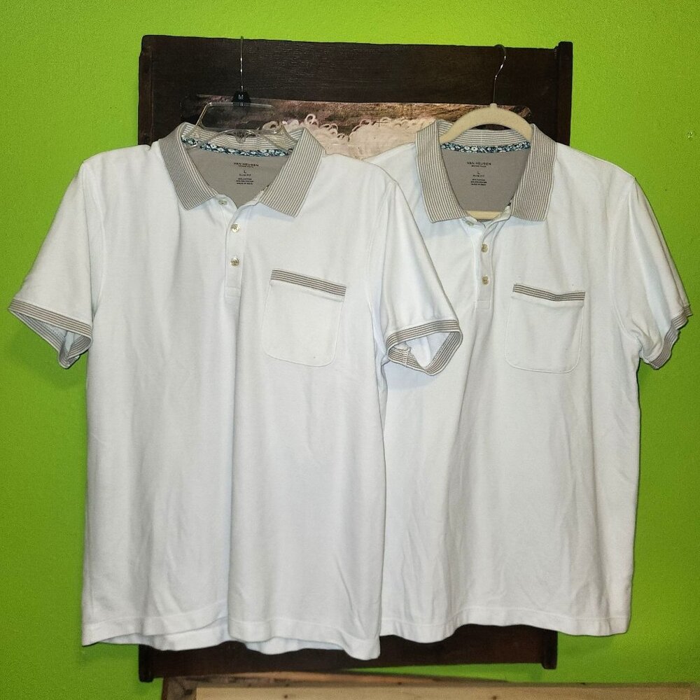 Lot of 2 Slim Fit Never Tuck White Short Sleeve Polo Shirts Men's Size L
